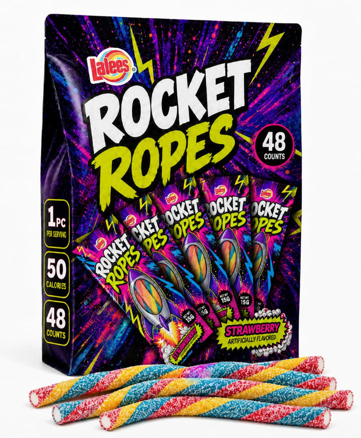 Rocket Ropes Rainbow Candy Filled Licorice, Individually Wrapped, 15g Each, 48 Count, for Pinatas, Giveaways, Themed Parties