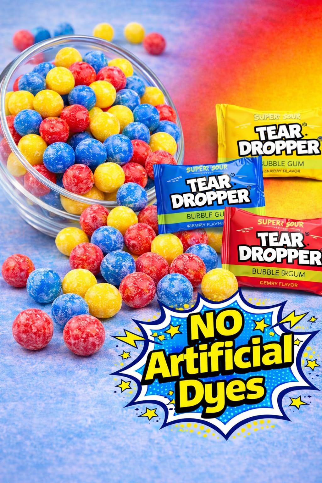 Tear Droppers Sour Gumballs  250 Count - No Artificial Dyes - Individually Wrapped  Cherry, Lemon & Blue Raspberry  Bulk Sour Candies