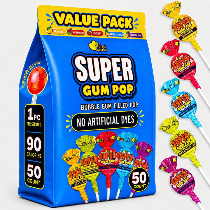 Super Sized Gum Pops - 50 Count - No Artificial Dyes - Over 2 Pounds Mega Lollipops With Gum - Cherry, Passionfruit, Mango, Watermelon, and Tropical Punch Flavors