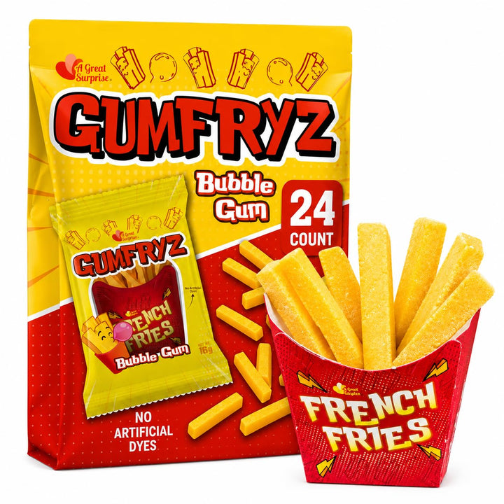 French Fries Bubble Gum  24 Count Bulk Pack  Novelty Fry-Shaped Bubble Gum Bags  No Artificial Dyes  Fun Food Theme Party Candy