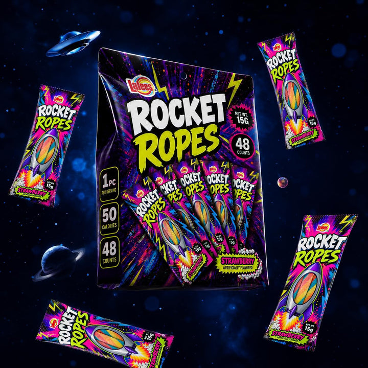 Rocket Ropes Rainbow Candy Filled Licorice, 48 Count -15g Each