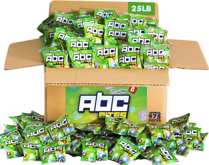 Bulk Swirleey ABC Bites Candies - Approx. 975 Fun Size Packs - 25 Pound Wholesale Box - Alphabet Candy - Candy Letters for Back to School, Preschools