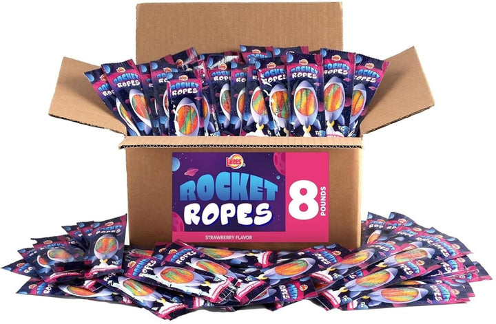 Bulk Lalees Sour Licorice Ropes - Approx. 240 Fun Size Packs - 8 Pound Box - Strawberry Licorice Candy Individually Wrapped for Schools, Camp, Piñata - Rocket Ropes Candies