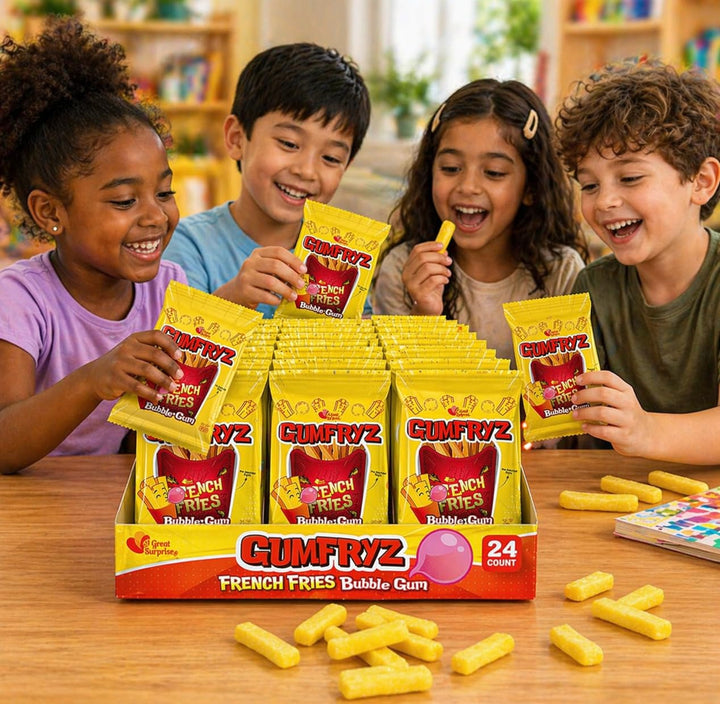 French Fries Bubble Gum  24 Count Bulk Pack  Novelty Fry-Shaped Bubble Gum Bags  No Artificial Dyes  Fun Food Theme Party Candy
