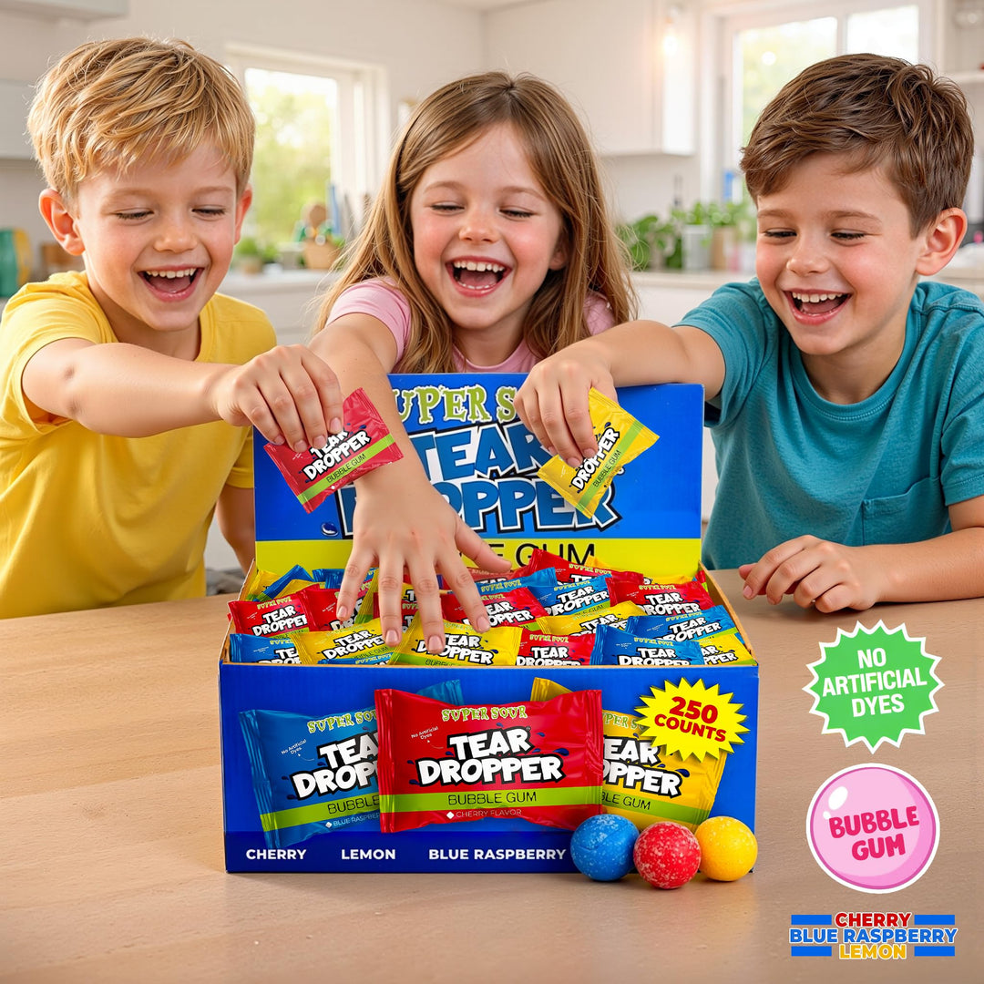 Tear Droppers Sour Gumballs  250 Count - No Artificial Dyes - Individually Wrapped  Cherry, Lemon & Blue Raspberry  Bulk Sour Candies