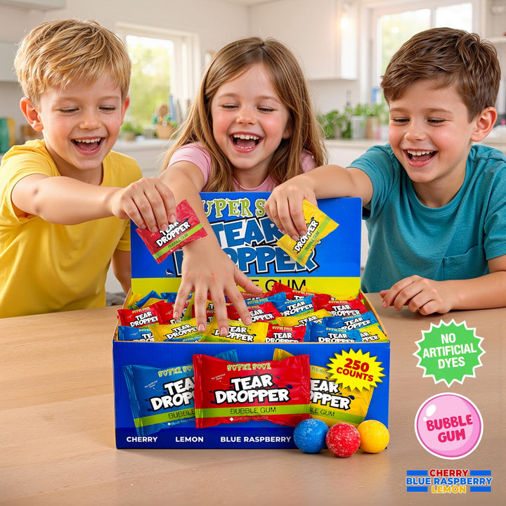 Tear Droppers Sour Gumballs  250 Count - No Artificial Dyes - Individually Wrapped  Cherry, Lemon & Blue Raspberry  Bulk Sour Candies