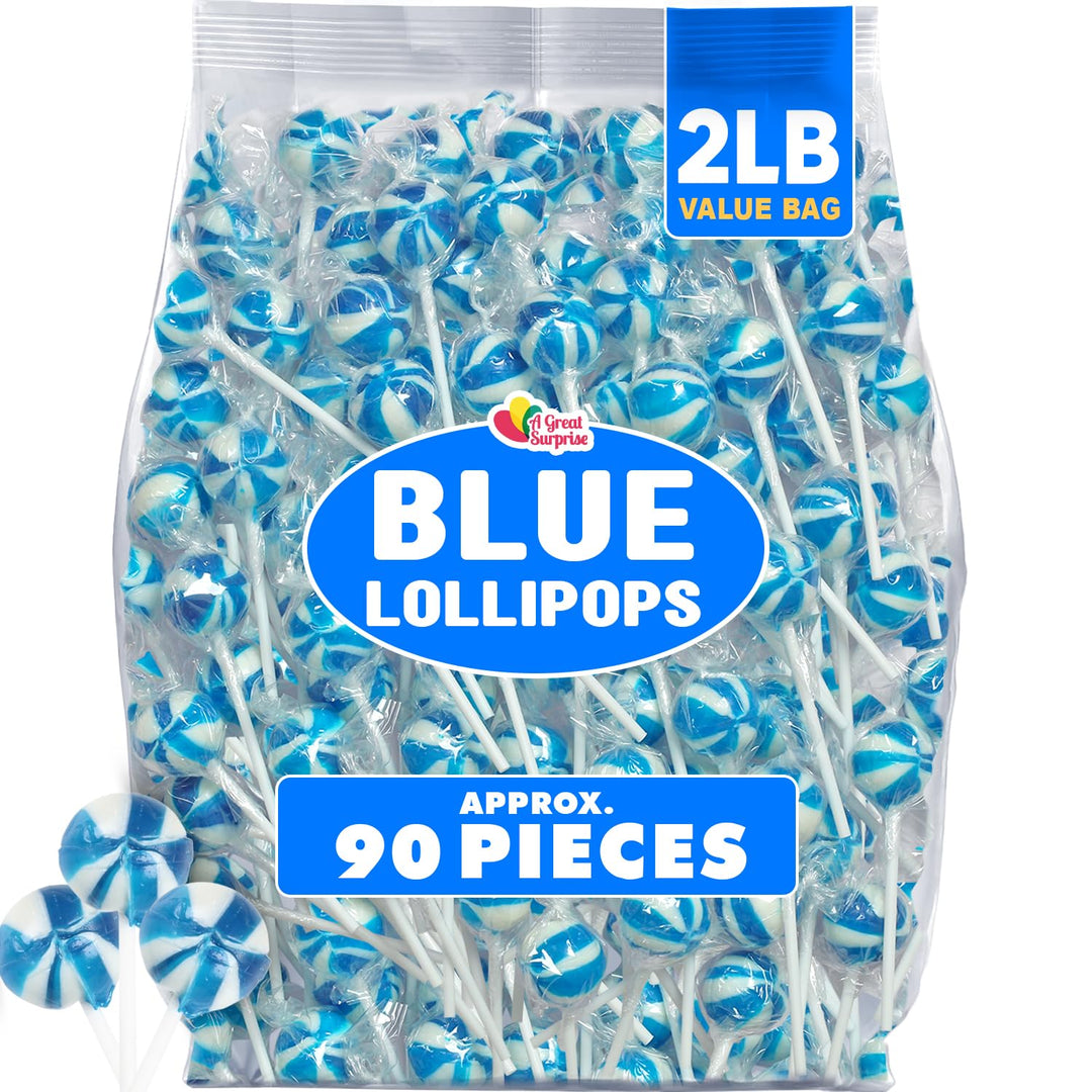Blue Lollipops - 2 Pounds - 90 Lollipops - Blue Raspberry Flavor - Baby Boy Shower Candies, Holiday, Winter Theme - Gender Reveal Favors