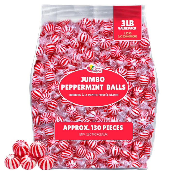 Peppermint Candy Balls Bulk  3 lb  Individually Wrapped Red & White Hard Mints  Classic Round Peppermints for Candy Buffets, Party Favors & Events