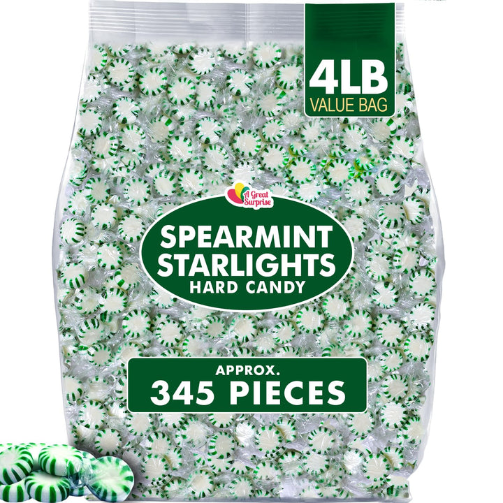 A Great Surprise Spearmint Starlight Mints  4-Pound Bulk Bag - Individually Wrapped - Green and White Hard Candies for Office, Reception