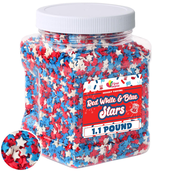 Patriotic Sprinkles - 1.1 Pound - Red White and Blue Stars - Fourth of July Confetti Sprinkles for Cupcakes