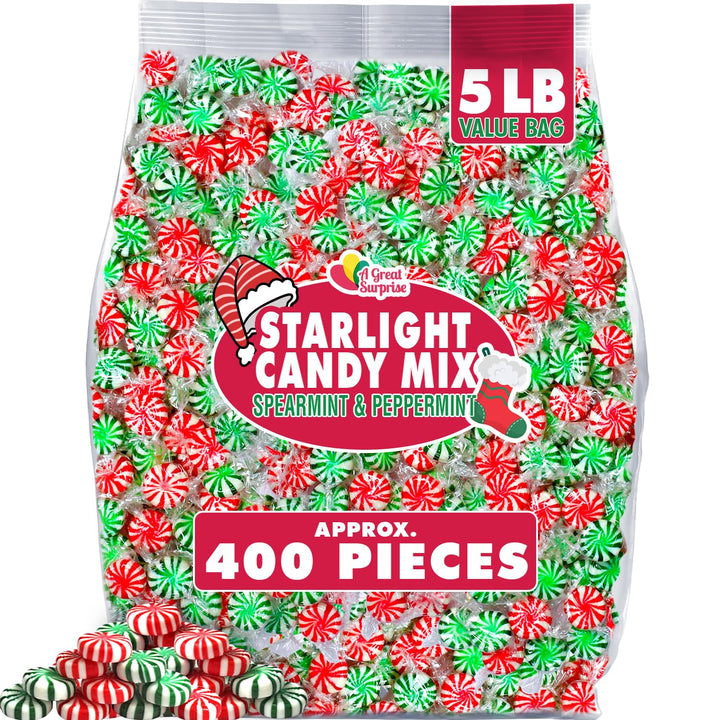A Great Surprise Starlight Mints Bulk - 5 Pounds - Christmas Refreshing Candy Individually Wrapped - Spearmint and Peppermint Hard Candy - Office, Hospitality