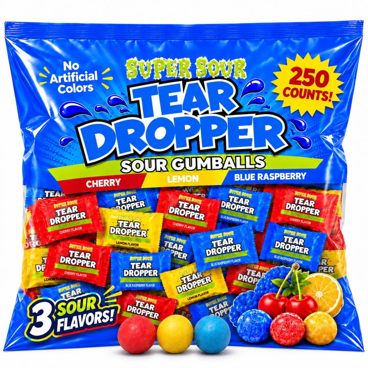 Tear Droppers Sour Gumballs  250 Count - No Artificial Dyes - Individually Wrapped  Cherry, Lemon & Blue Raspberry  Bulk Sour Candies