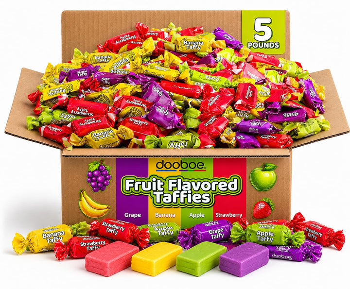 Classic Taffy Candy - 5 Pounds - Approx. 280 Pcs. - Bulk Individually Wrapped Chewy Candy - Assorted Fruity Flavors Apple, Strawberry, Grape, Banana
