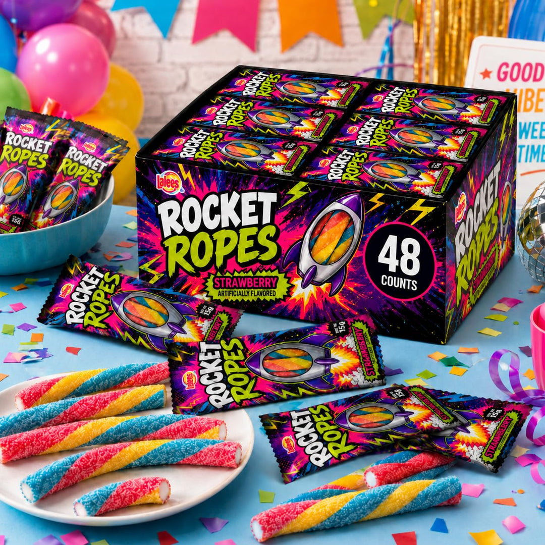Rocket Ropes Rainbow Candy Filled Licorice, Individually Wrapped, 15g Each, 48 Count, for Pinatas, Giveaways, Themed Parties