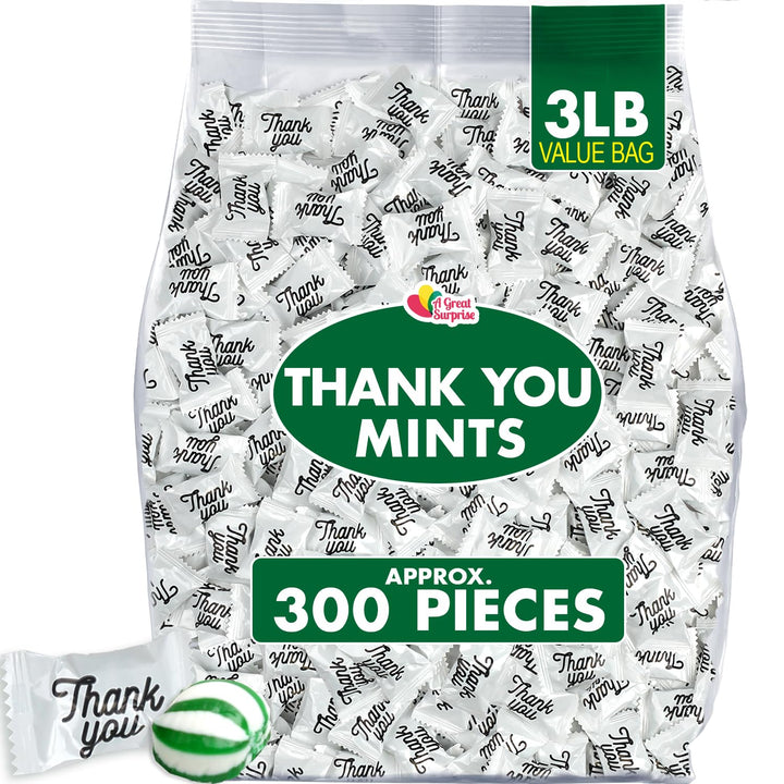 A Great Surprise Thank You Mints - Approx. 300 Pieces - 3 Pounds - Hospitality Bulk Mints Individually Wrapped - Wedding Candy - After Dinner Favors