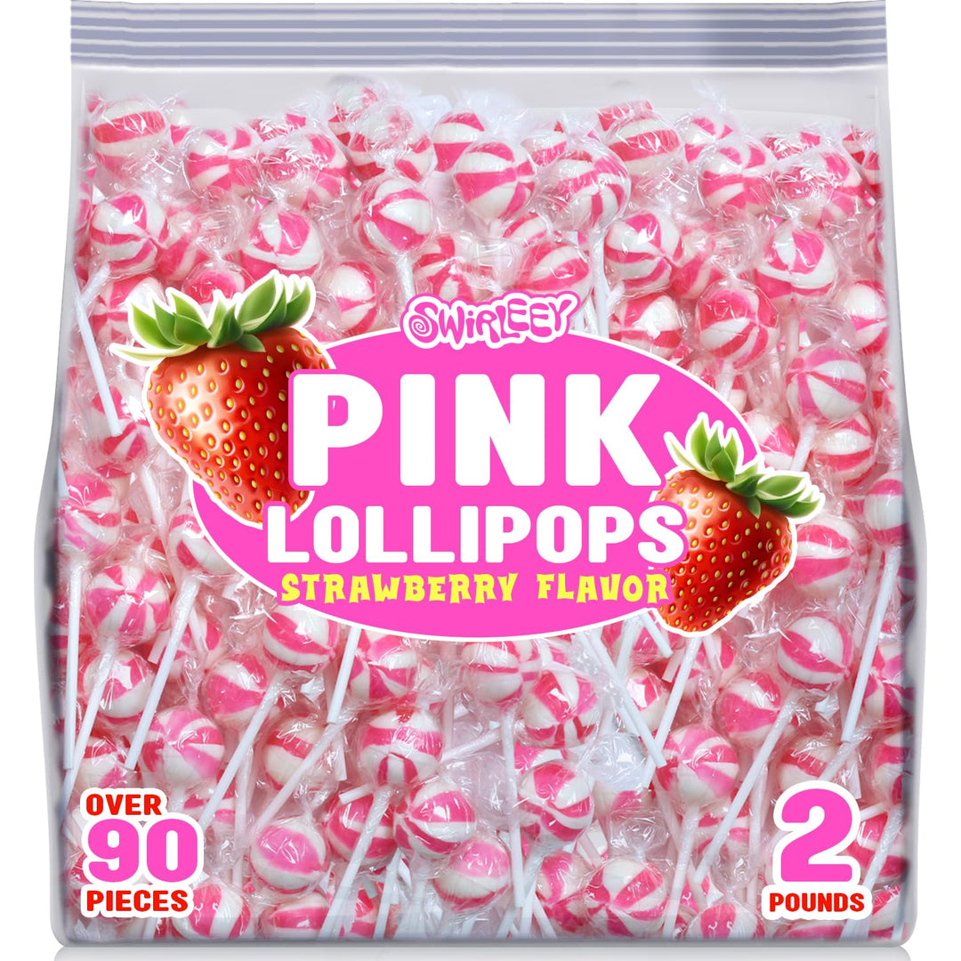 Swirleey Pink Lollipops - 2 Pounds - Strawberry Flavor - Bulk Pink Candies for Buffet - Suckers for Baby Shower, Baby Girl, Theme Parties