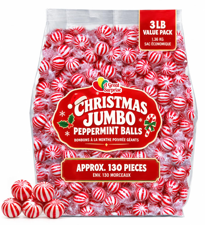 Christmas Peppermint Candy Balls, 3 lb, Approx. 130 Individually Wrapped