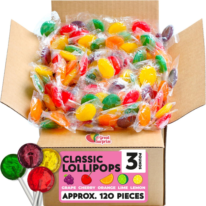 A Great Surprise Classic Lollipops - 3 Pounds - Halloween Lollipops - Trick or Treat Individually Wrapped Candies - Flat Round Bulk Suckers For Kids, Doctors Office, Schools, Banks