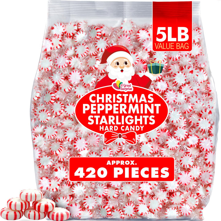 Valentines Day Starlight Peppermint Candy - 5 lb Bulk Bag - Red & White Peppermint Hard Candy - Individually Wrapped Mints for Office Candy Bowls