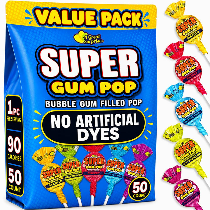 Super Gum Pops - 50 Count - No Artificial Dyes - Over 2 Pounds Lollipops With Gum - Cherry, Passionfruit, Mango, Watermelon, and Tropical Punch Flavors