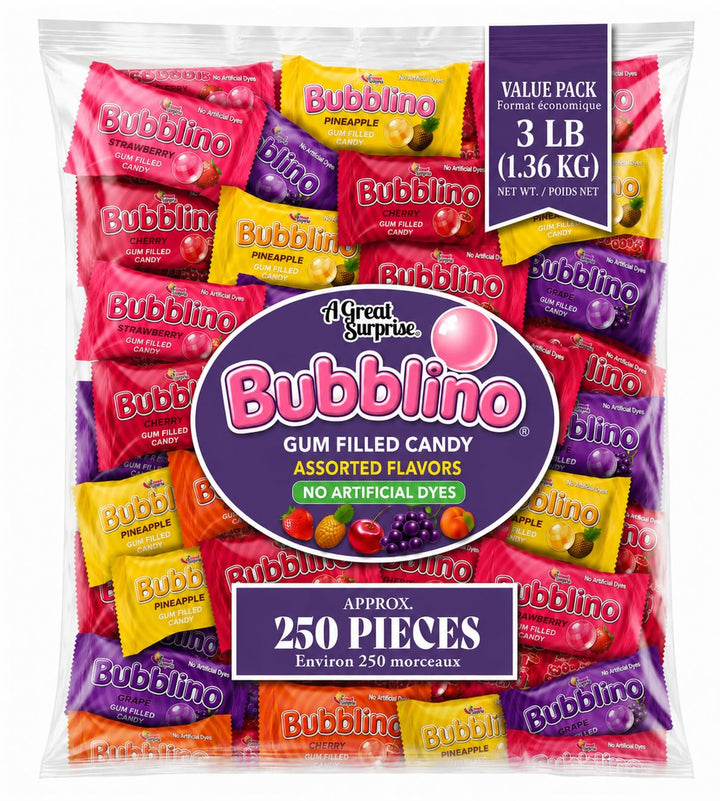 A Great Surprise Bubblino Hard Candy with Bubble Gum Filling - 3 Pounds, Approx 260 Units - No Artificial Dyes - Individually Wrapped - Cherry, Peach, Strawberry, Grape, Pineapple