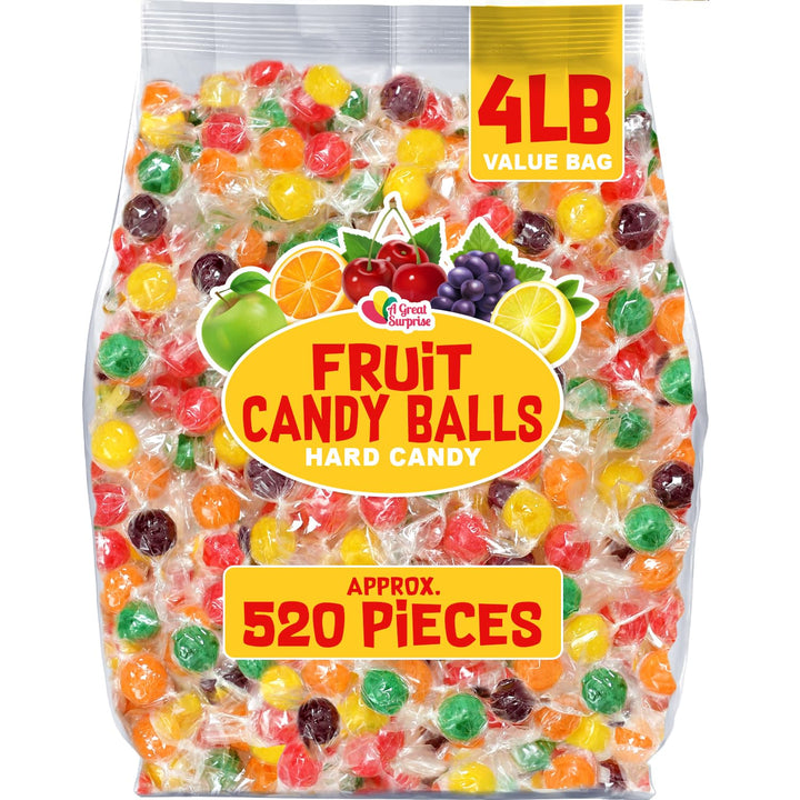 Hard Candy Fruit Balls - 4 Pounds - Fruity Sour Balls - Classic Hard Candies for Office, Desk, Calssroom - Colorful Variety Candy Suckers - Assorted Flavors Orange, Lemon, Grape, Green Apple, Cherry