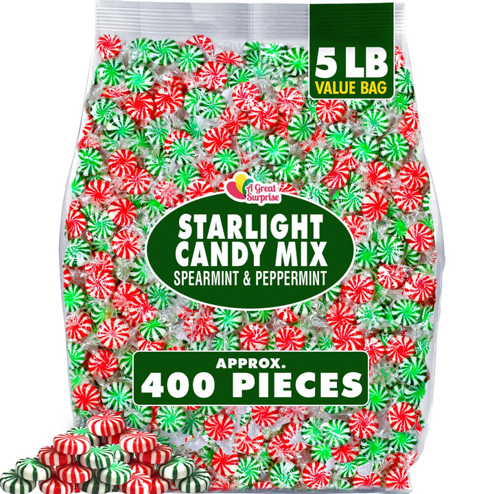 A Great Surprise Starlight Mints Bulk - 5 Pounds - Christmas Refreshing Candy Individually Wrapped - Spearmint and Peppermint Hard Candy - Office, Hospitality