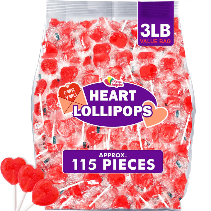 Red Heart Lollipops  3 lb Bulk  Heart-Shaped Strawberry Suckers for Valentines Day  Classroom Exchange Candy, Teacher-Approved School Treats & Party Favors