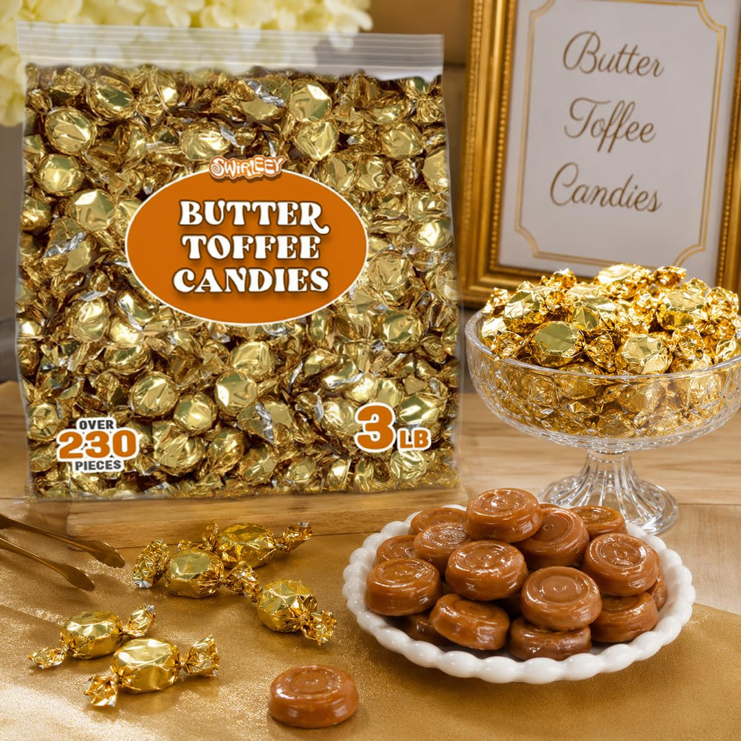 Gold Foil Candies - 3LB - Holiday Butter Toffee Candies for Candy Buffet - Classy Wedding Candy Favors - Rich Smooth Toffee Candy Individually Wrapped