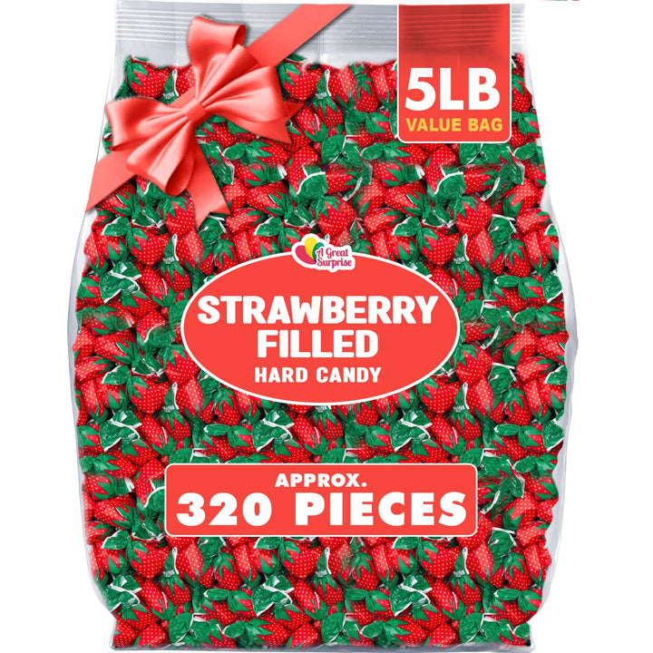 A Great Surprise Strawberry Hard Candy - 5 Pounds - Strawberry Bon Bons - Red and Green Christmas Hard Candies - Filled Hard Candies