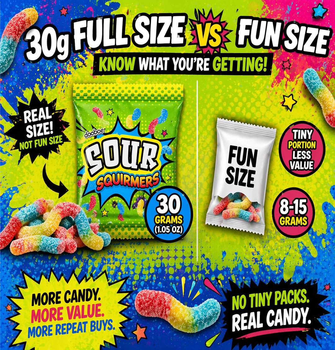 Dooboe Full Size Sour Gummy Worms Bulk Pack - 40 Packs (30 Gram Peg Bags) - Sour Squirmers Individually Wrapped for Kids and Adults, Parties, School, Pinata