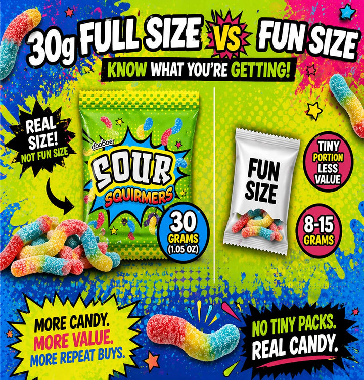 Dooboe Full Size Sour Gummy Worms Bulk Pack - 40 Packs (30 Gram Peg Bags) - Sour Squirmers Individually Wrapped for Kids and Adults, Parties, School, Pinata