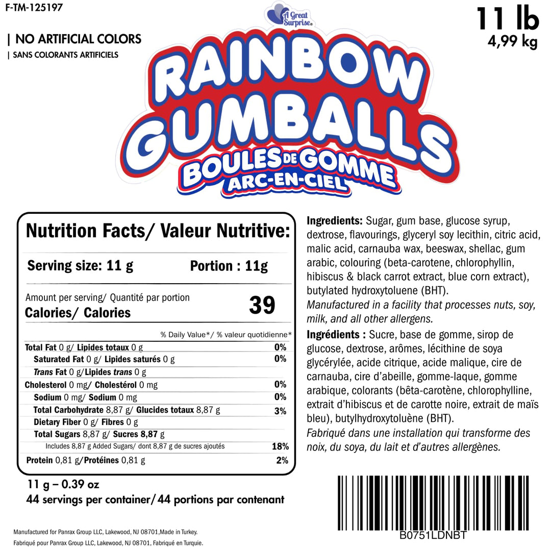 Bulk Rainbow Gumballs  11 lb, Approx. 470 Pcs. Naturally Colored Gumballs with No Artificial Dyes  Perfect for Office Candy Bowls, Breakrooms, Vending Machines & Party Buffets