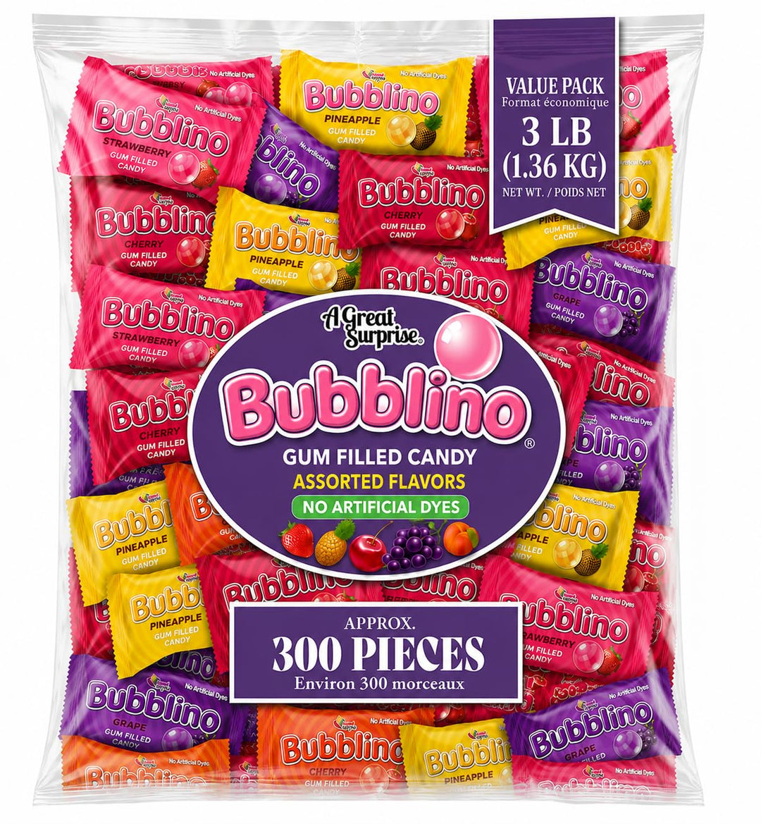 A Great Surprise Bubblino Hard Candy with Bubble Gum Filling - 3 Pounds, Approx 260 Units - No Artificial Dyes - Individually Wrapped - Cherry, Peach, Strawberry, Grape, Pineapple