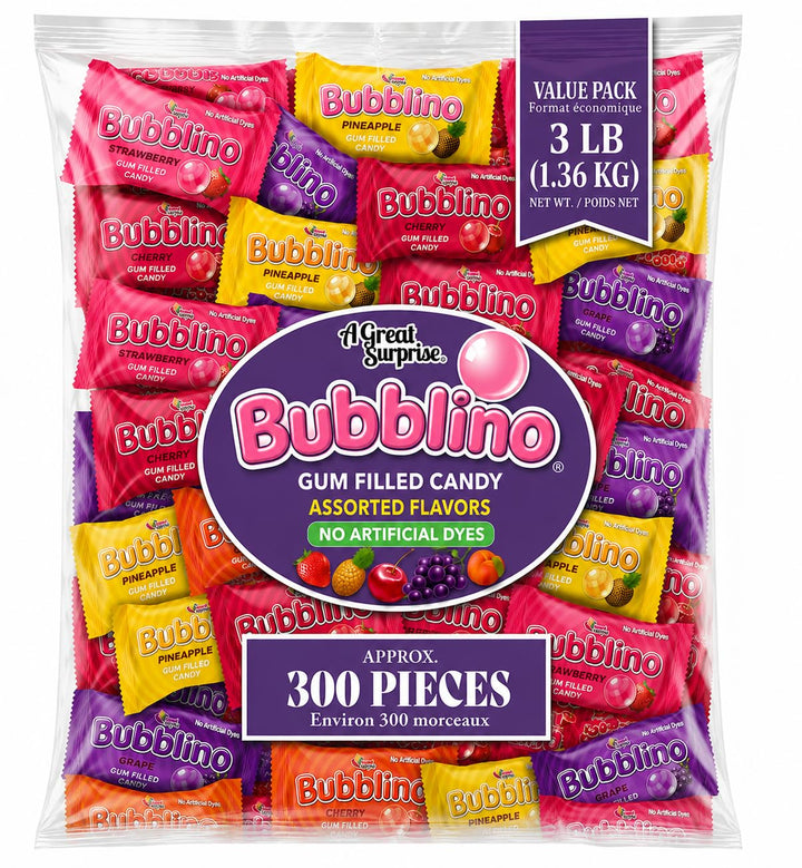 A Great Surprise Bubblino Hard Candy with Bubble Gum Filling - 3 Pounds, Approx 260 Units - No Artificial Dyes - Individually Wrapped - Cherry, Peach, Strawberry, Grape, Pineapple