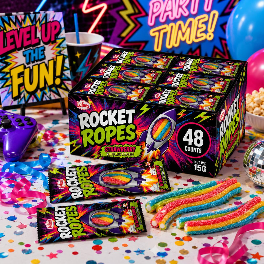 Rocket Ropes Rainbow Candy Filled Licorice, Individually Wrapped, 15g Each, 48 Count, for Pinatas, Giveaways, Themed Parties