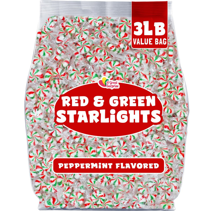 Peppermint Starlights - 3 Pounds - Mints Bulk Candy - After Dinner Mints - Peppermint Hard Candy - Red and Green Candies