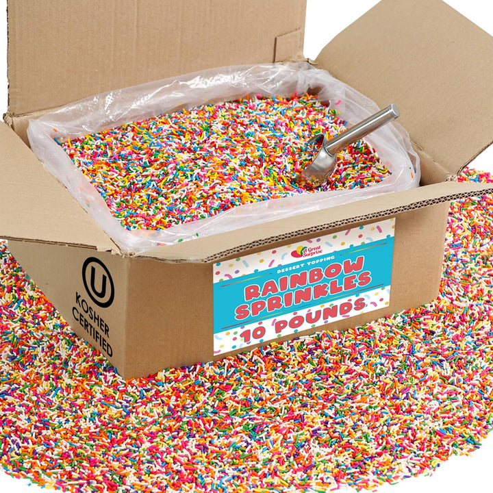 Rainbow Sprinkles Bulk - 10 LB Case - Wholesale Jimmies for Bakeries & Ice Cream Shops - Kosher, Vibrant Toppings for Cakes, Cupcakes & Desserts