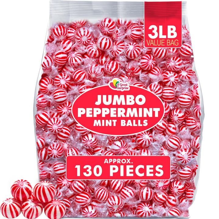 Peppermint Candy Balls Bulk  3 lb  Individually Wrapped Red & White Hard Mints  Classic Round Peppermints for Valentines Day, Candy Buffets, Party Favors & Events