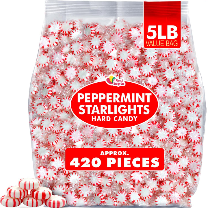 Valentines Day Starlight Peppermint Candy - 5 lb Bulk Bag - Red & White Peppermint Hard Candy - Individually Wrapped Mints for Office Candy Bowls