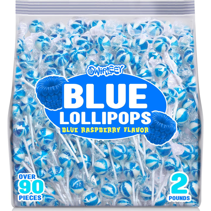 Blue Lollipops - 2 Pounds - 90 Lollipops - Blue Raspberry Flavor - Baby Boy Shower Candies, Holiday, Winter Theme - Gender Reveal Favors