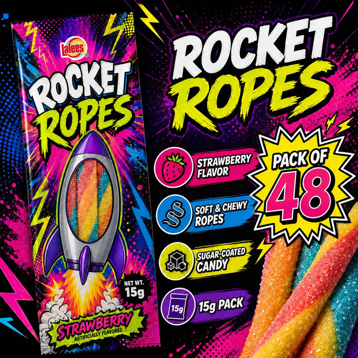Rocket Ropes Rainbow Candy Filled Licorice, Individually Wrapped, 15g Each, 48 Count, for Pinatas, Giveaways, Themed Parties
