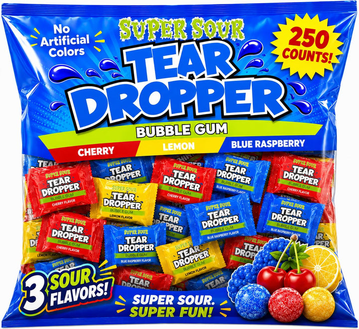 Tear Droppers Sour Gumballs  250 Count - No Artificial Dyes - Individually Wrapped  Cherry, Lemon & Blue Raspberry  Bulk Sour Candies