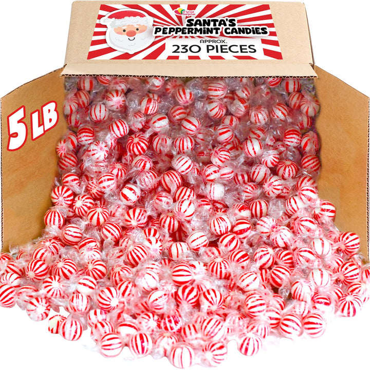 Christmas Peppermint Balls - 5 Pounds - Holiday Mint Bulk Hard Candy - Red and White Striped Hard Candies