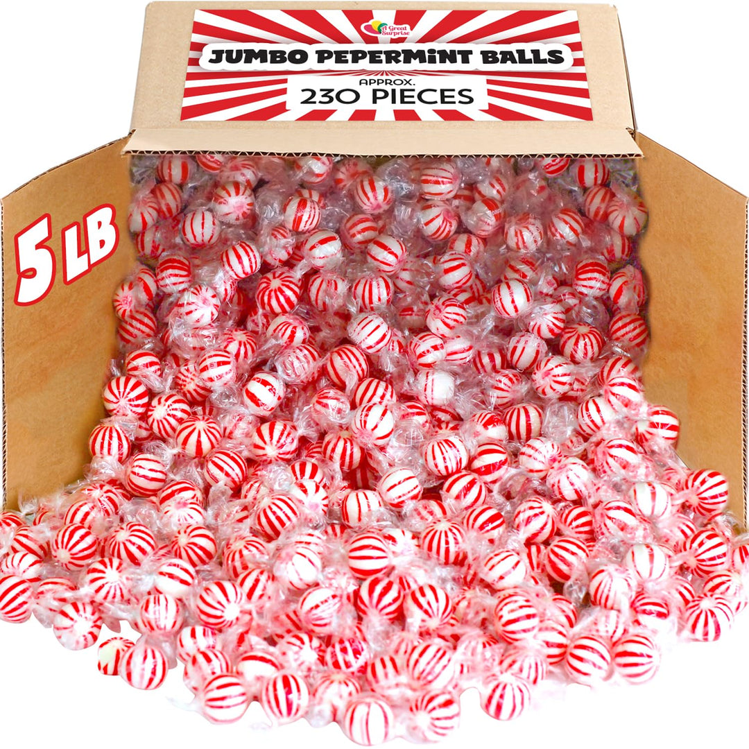 Christmas Peppermint Balls - 5 Pounds - Holiday Mint Bulk Hard Candy - Red and White Striped Hard Candies