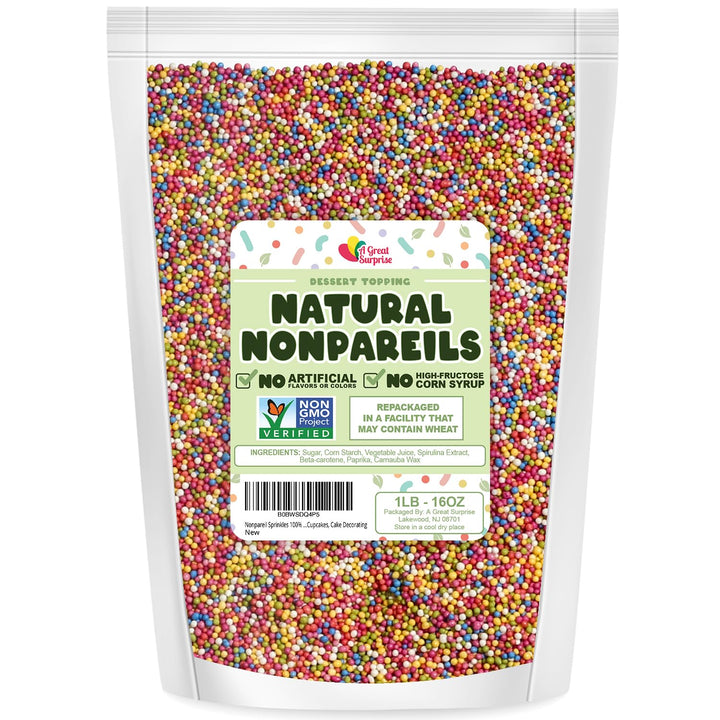 Nonpareil Sprinkles 100% DYE FREE - 1 Pound - All Natural Rainbow Nonpareils - Dyless, Vegan Ice Cream Toppings - Healthy Nonpareils for Cake Pops, Cookies, Cupcakes, Cake Decorating