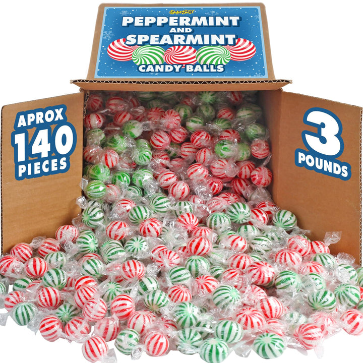 Christmas Candy Mint Balls Assortment - 3 Pounds - Big Bulk Spearmint & Peppermint Hard Candy - Mint Bulk Candies - Individually Wrapped Bulk Mints - Refreshing Office Snack