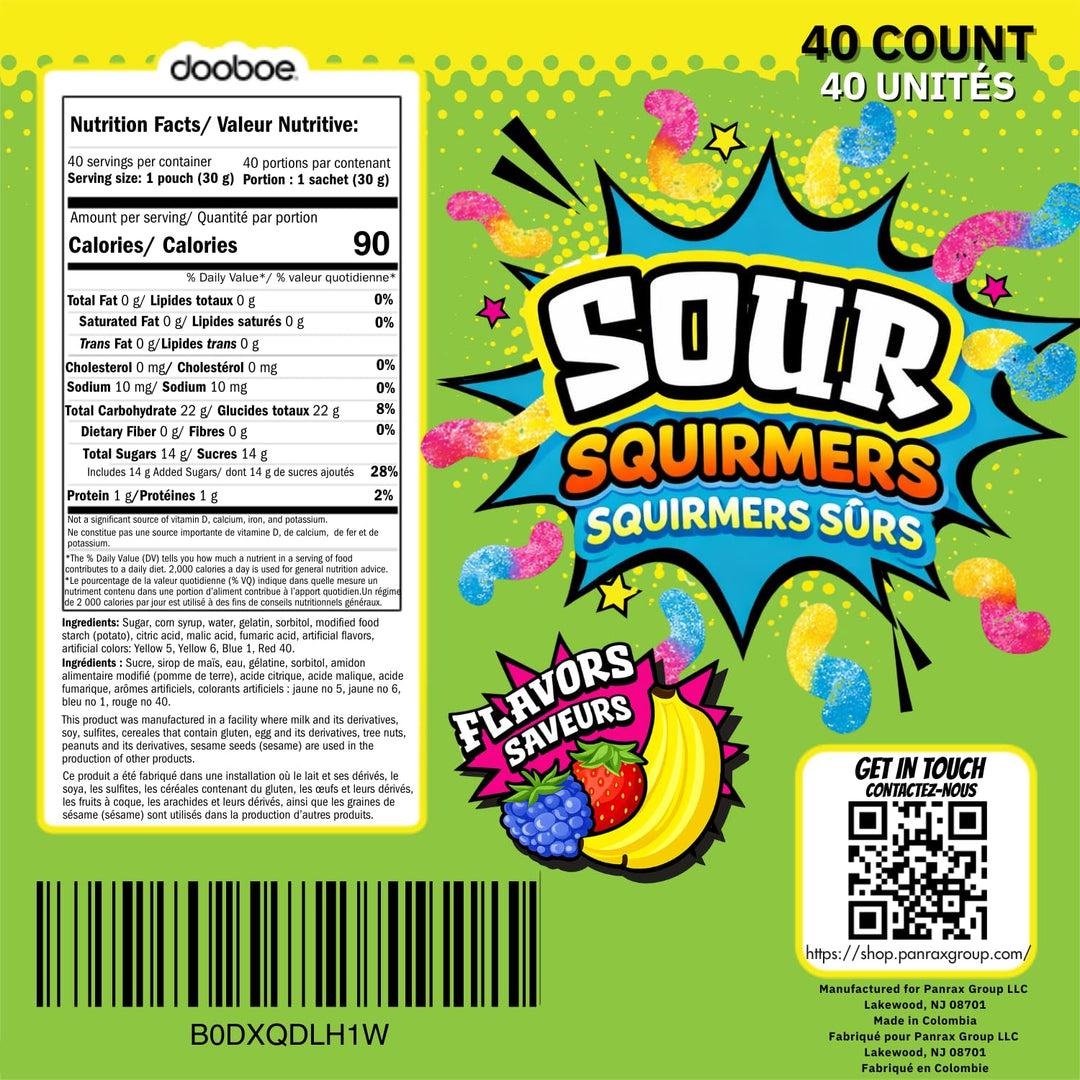 Dooboe Full Size Sour Gummy Worms Bulk Pack - 40 Packs (30 Gram Peg Bags) - Easter Egg Stuffer - Sour Squirmers Individually Wrapped for Kids and Adults, Parties, School, Pinata