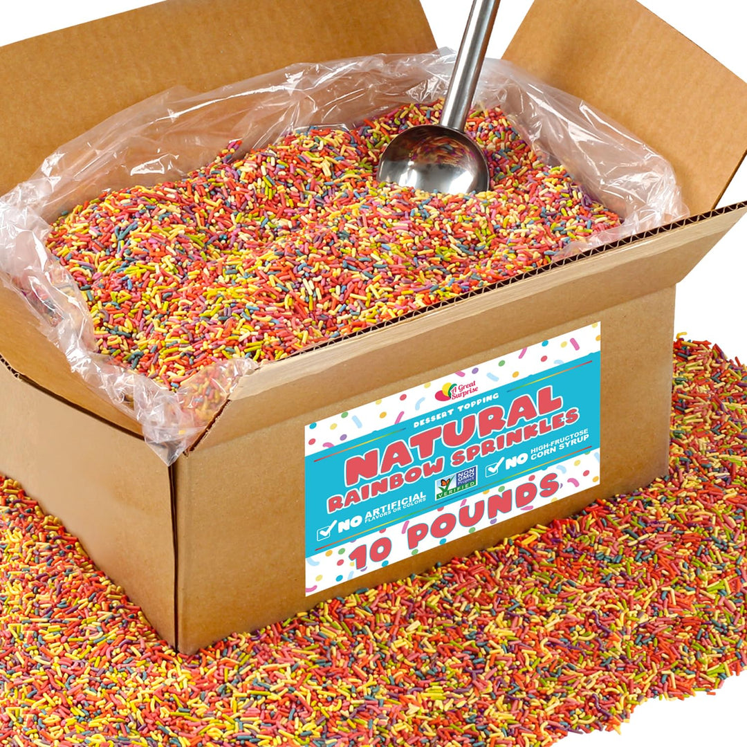 Bulk Natural Rainbow Sprinkles - 10 LB Wholesale - Kosher - Non-GMO, Dye-Free Jimmies - Bakery-Grade Sprinkles for Cakes, Ice Cream, Cookies, Catering & Large Events