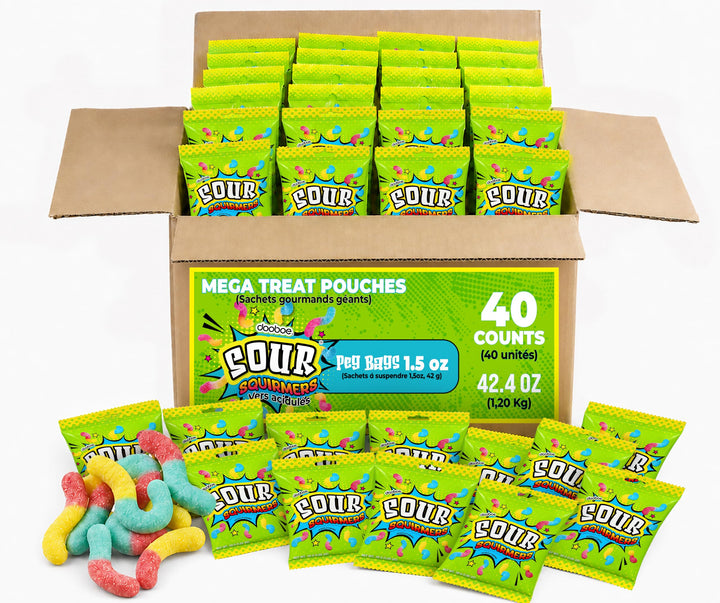 Sour Gummy Worms Individually Wrapped - Peg Bags 40 Count